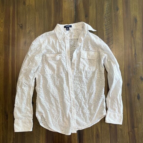 Chaps White Eyelet Long Sleeve Button Front Collared Shirt, Women's Size XSmall - Picture 1 of 5